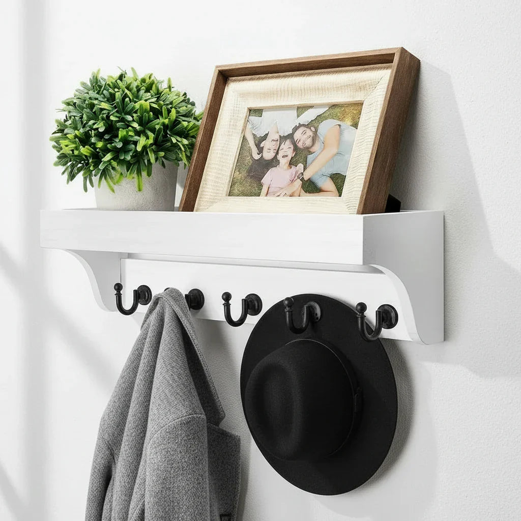 Porte-Manteau Mural Blanc Bois Tablette Patères Alignées, vue 4 sur 4