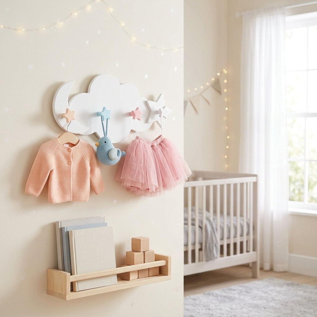 Porte-Manteau Mural Blanc Nuage Lune Patères Étoiles, vue 1 sur 4