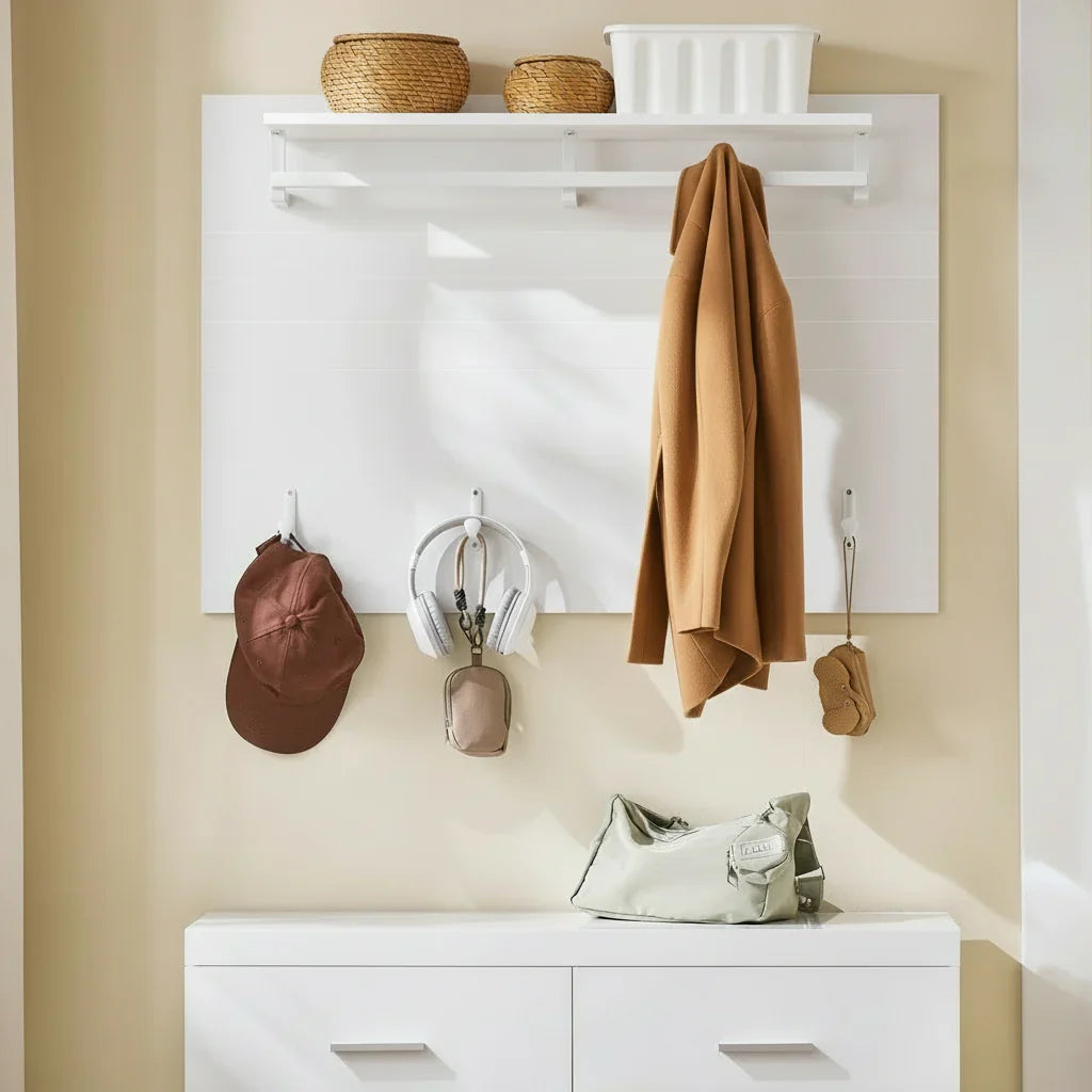 Porte-Manteau Mural Blanc Panneau Étagère, vue 2 sur 4