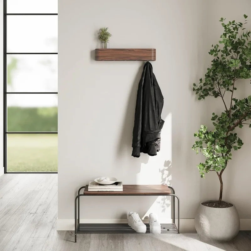 Porte-Manteau Mural Bois et Métal Tablette Crochets, vue 1 sur 4