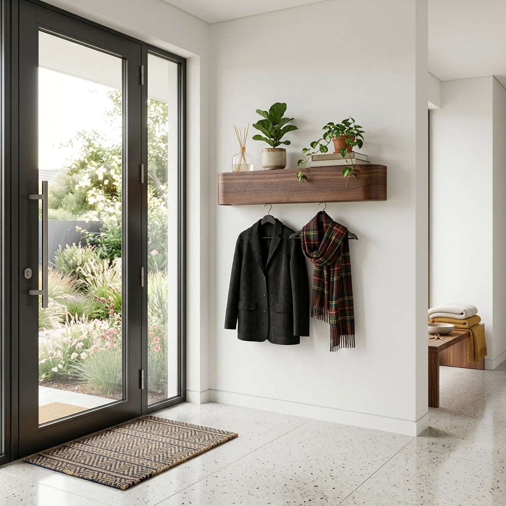 Porte-Manteau Mural Bois Foncé Tablette et Barre à Cintres, vue 1 sur 4