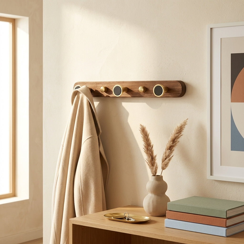 Porte-Manteau Mural Bois Patères Laiton et Disques Noirs, vue 1 sur 5