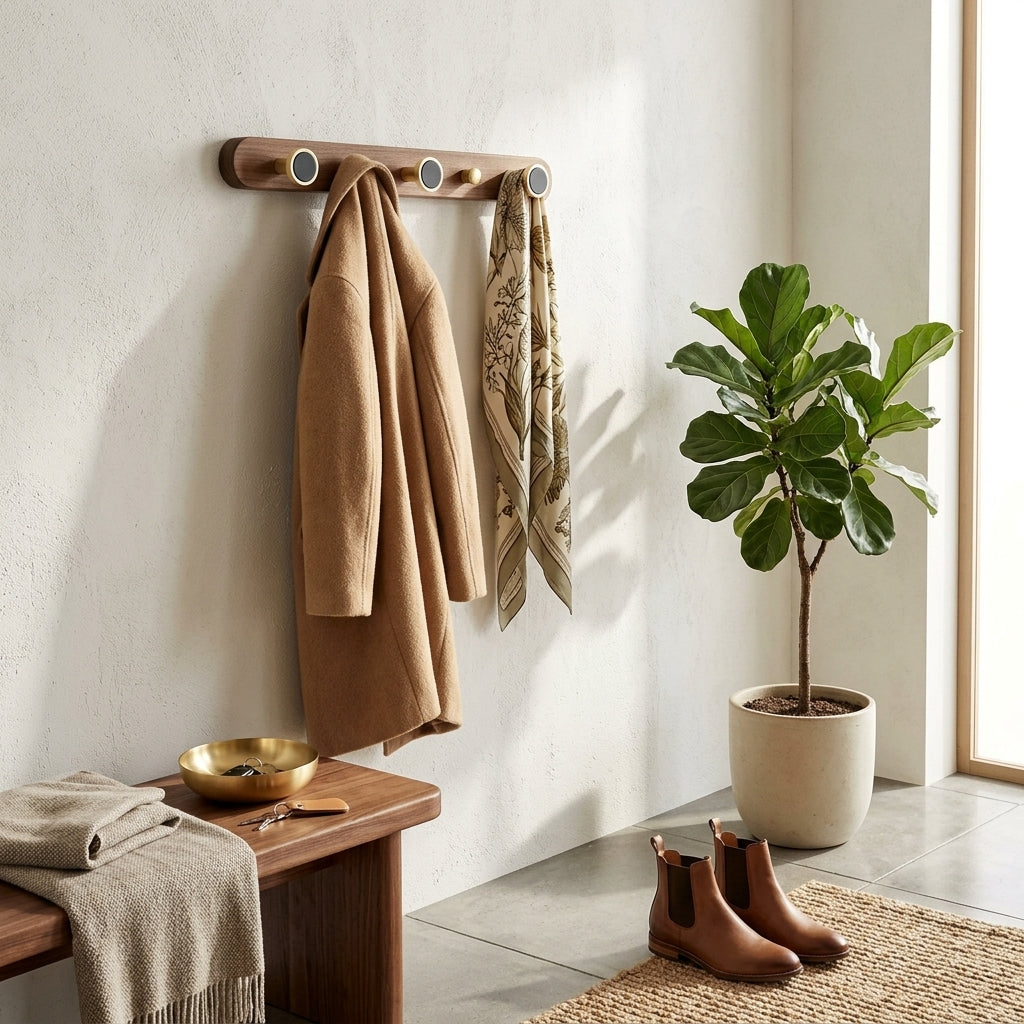 Porte-Manteau Mural Bois Patères Laiton et Disques Noirs, vue 2 sur 5