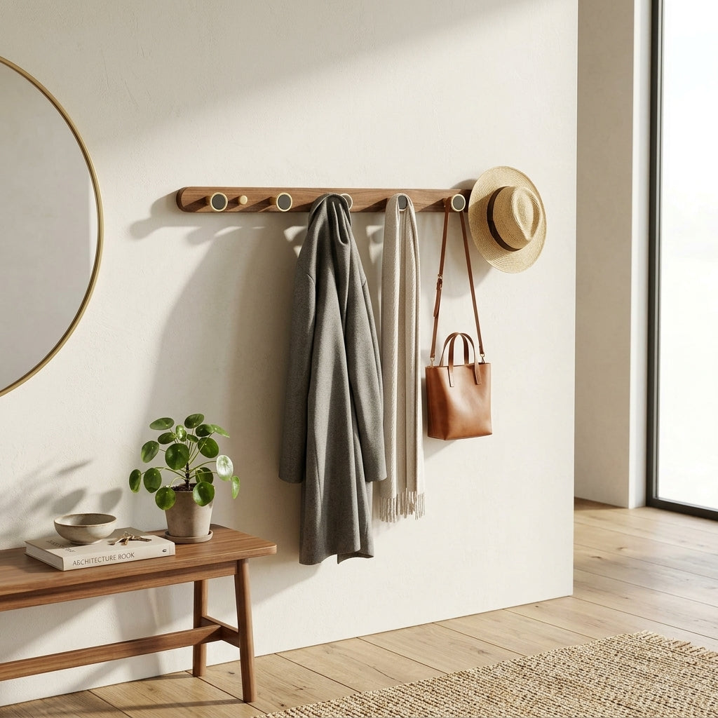 Porte-Manteau Mural Bois Patères Laiton et Disques Noirs, vue 3 sur 5