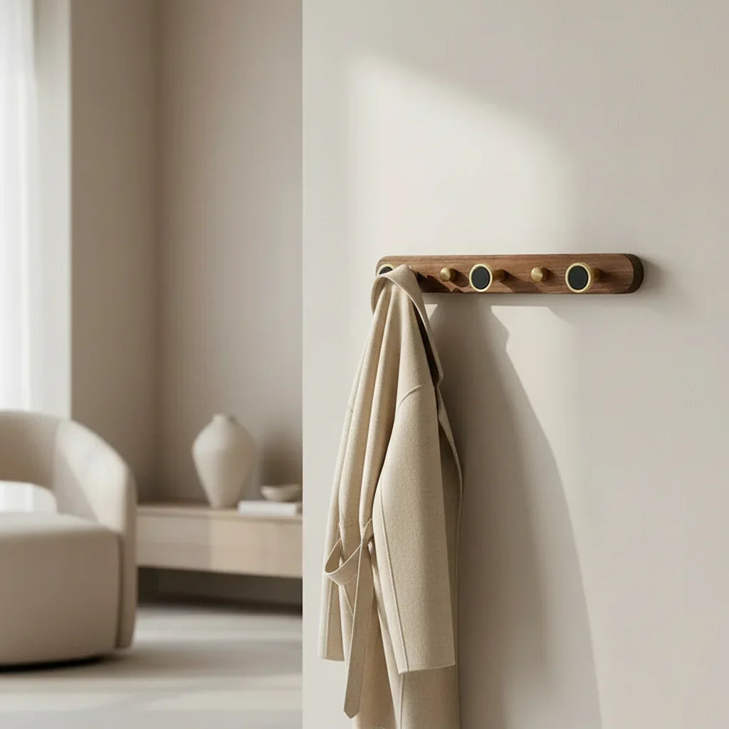 Porte-Manteau Mural Bois Patères Laiton et Disques Noirs, vue 4 sur 5