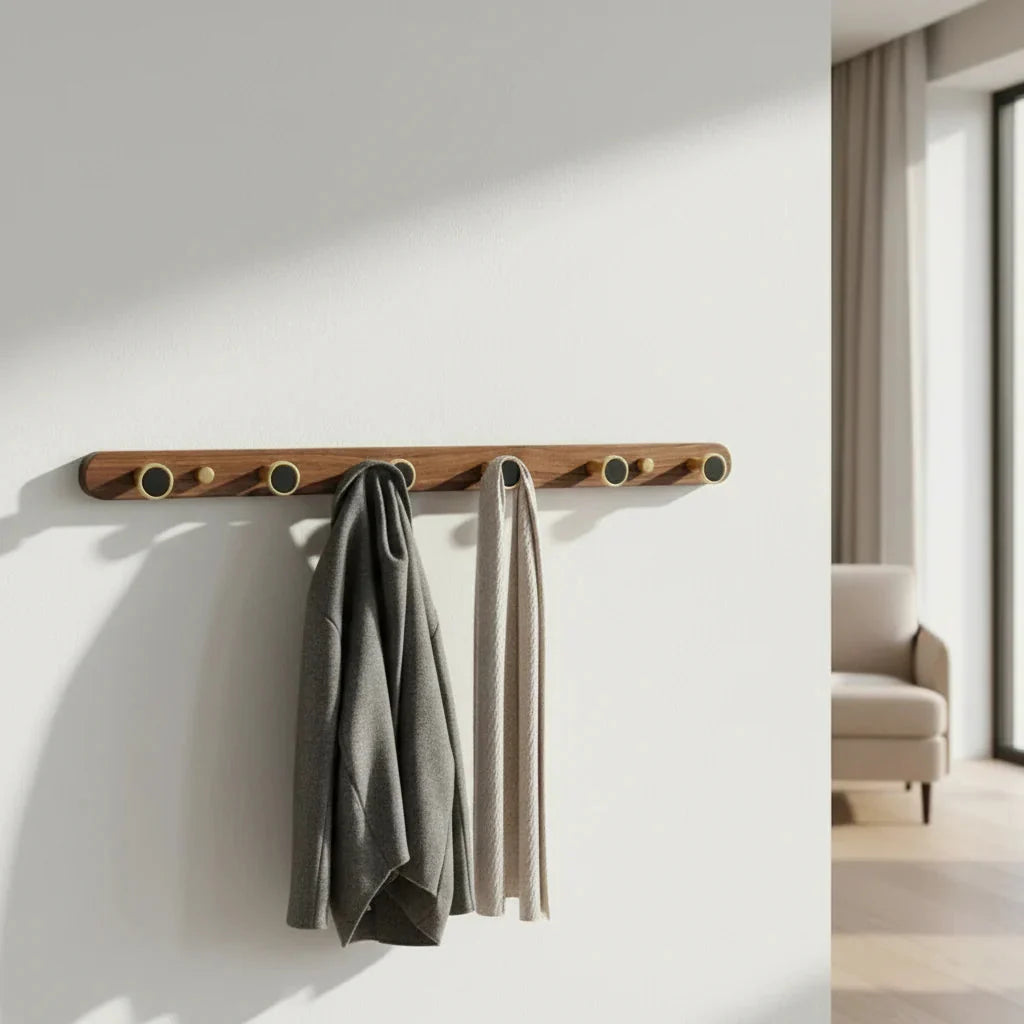 Porte-Manteau Mural Bois Patères Laiton et Disques Noirs, vue 5 sur 5
