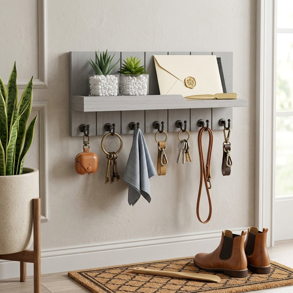 Porte-Manteau Mural Gris Bois Lattes Tablette Crochets, vue 1 sur 4