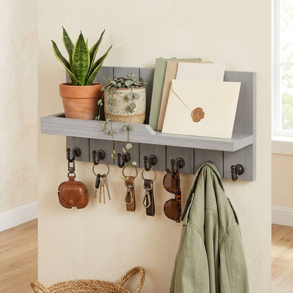Porte-Manteau Mural Gris Bois Lattes Tablette Crochets, vue 2 sur 4