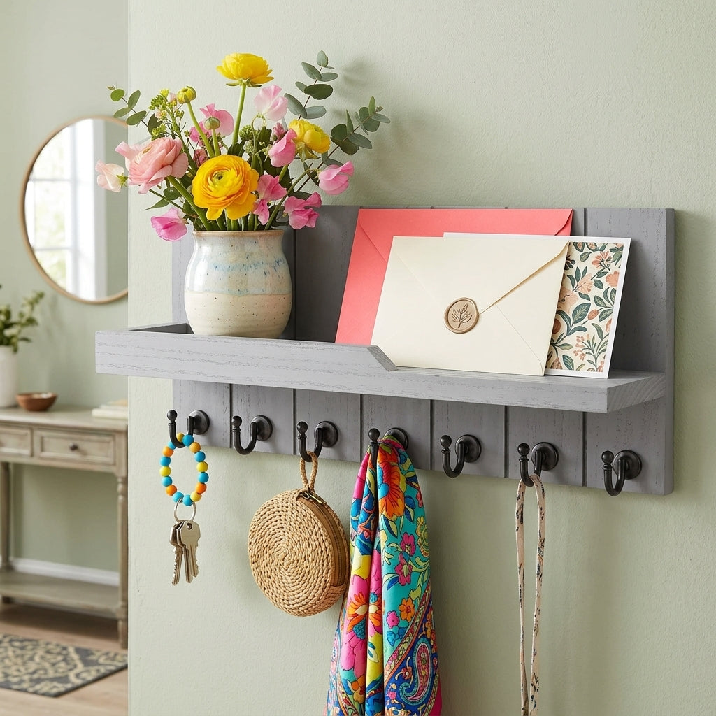 Porte-Manteau Mural Gris Bois Lattes Tablette Crochets, vue 3 sur 4
