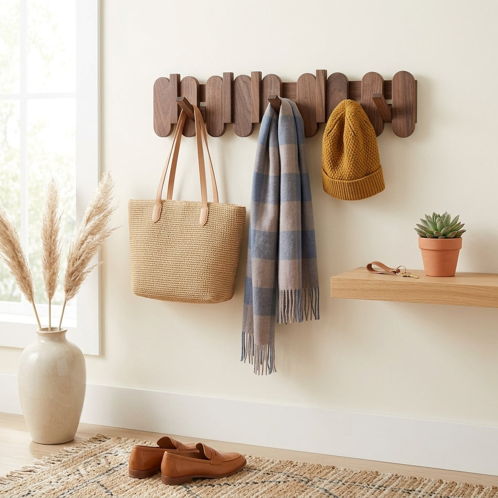 Porte-Manteau Mural Marron Bois Lattes Arrondies, vue 1 sur 4
