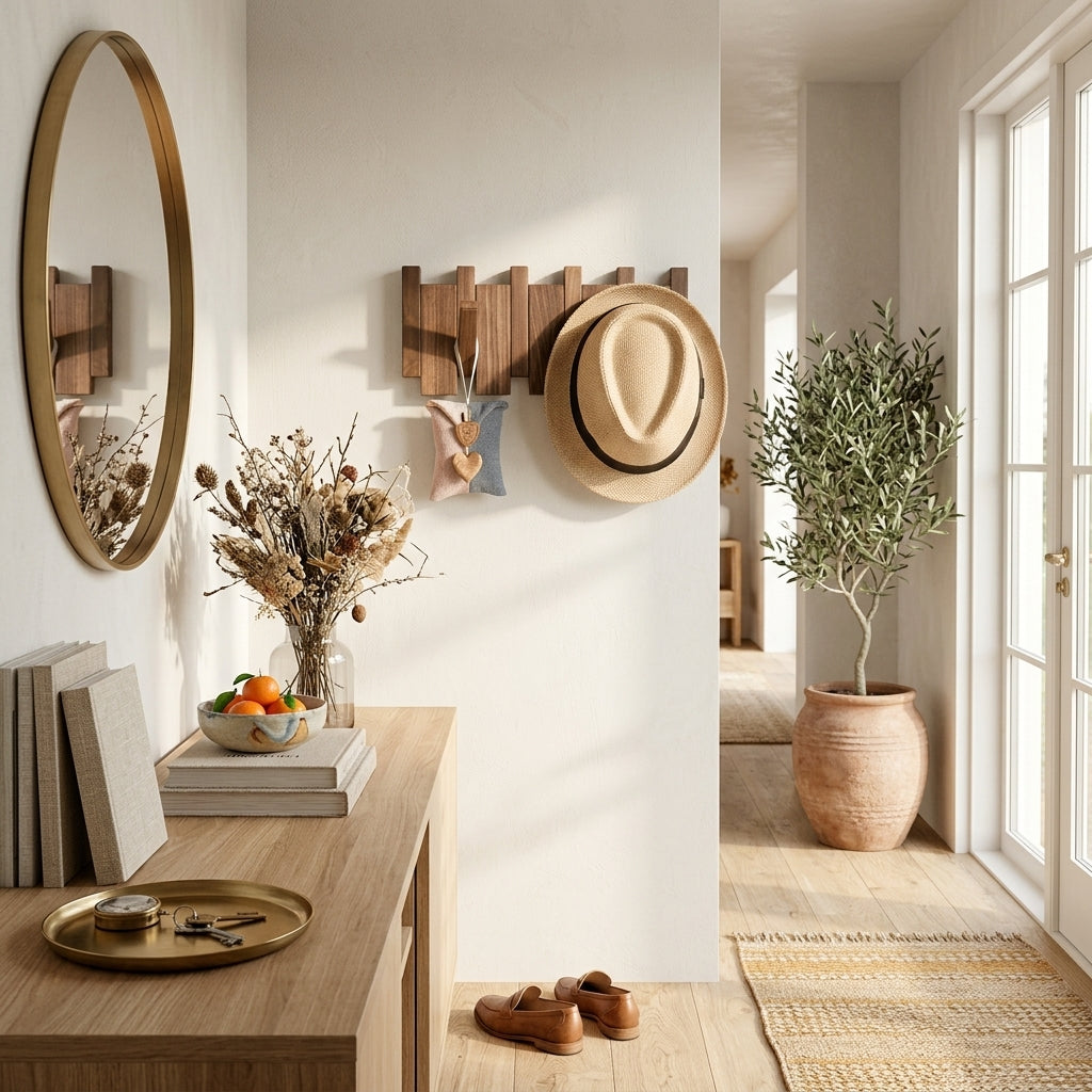Porte-Manteau Mural Marron Bois Lattes Rabattables, vue 1 sur 4