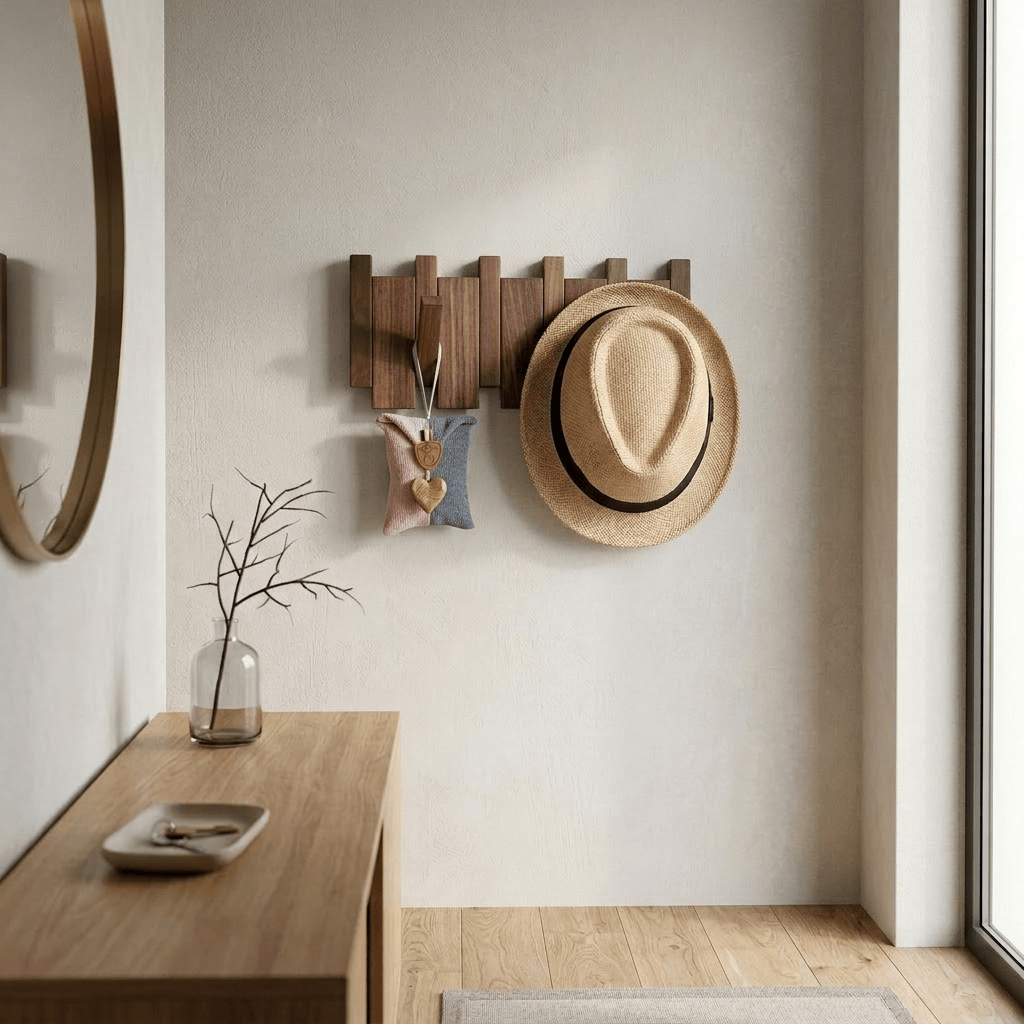 Porte-Manteau Mural Marron Bois Lattes Rabattables, vue 2 sur 4