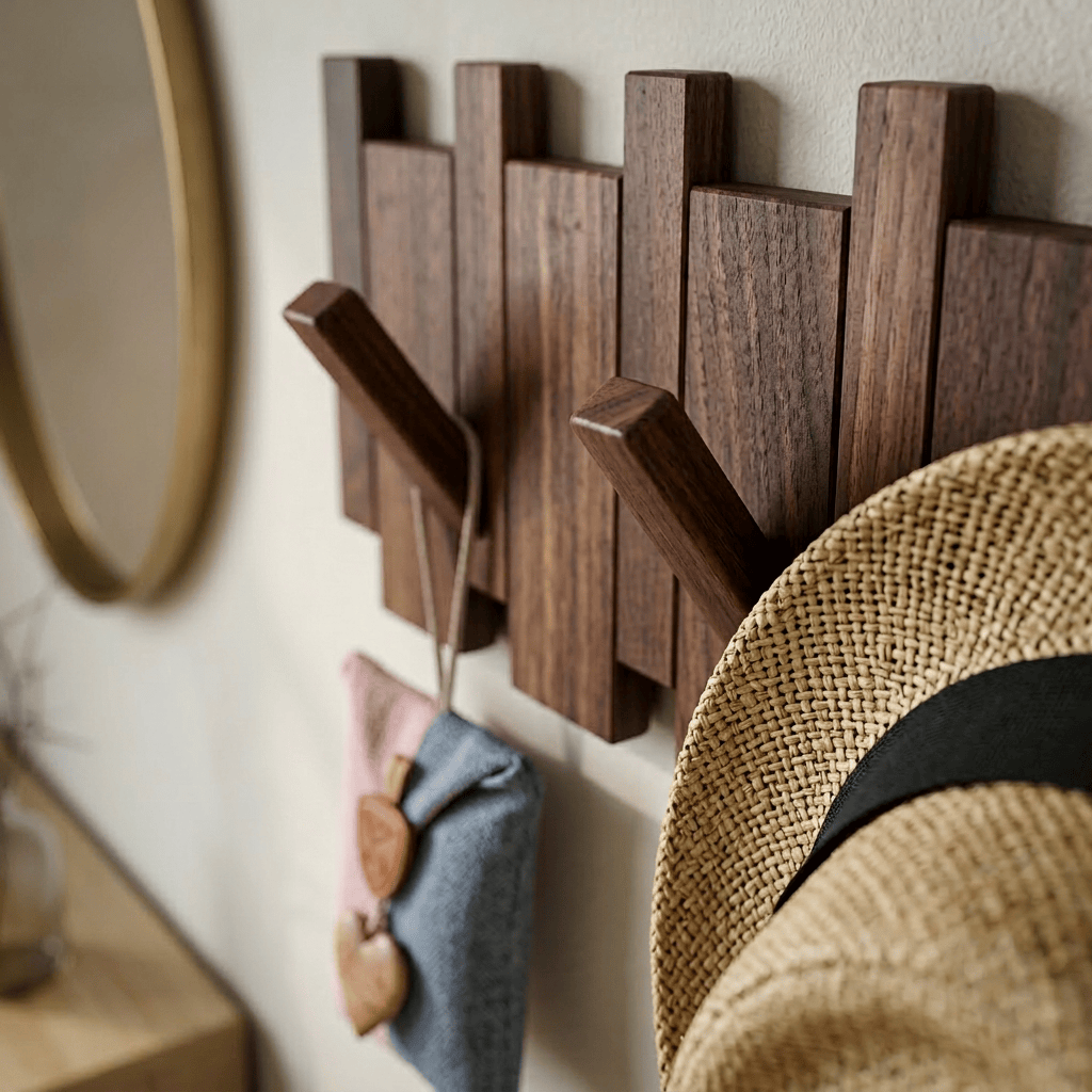 Porte-Manteau Mural Marron Bois Lattes Rabattables, vue 3 sur 4