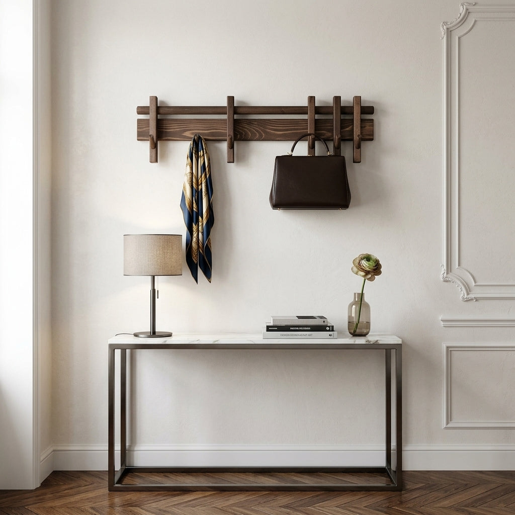 Porte-Manteau Mural Marron Bois Planche et Barres, vue 1 sur 5