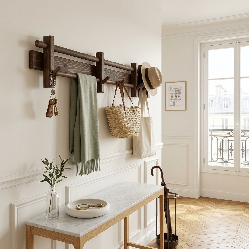 Porte-Manteau Mural Marron Bois Planche et Barres, vue 2 sur 5