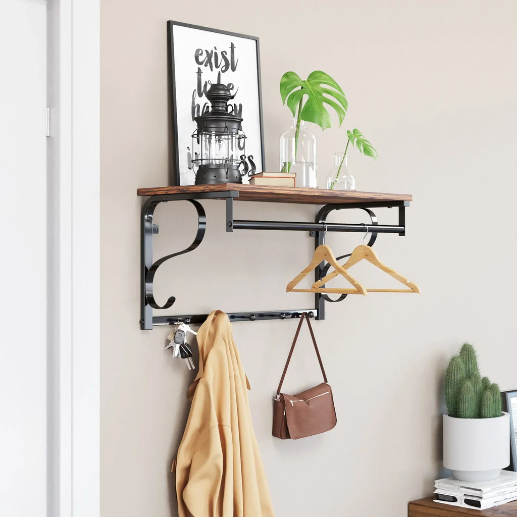 Porte-Manteau Mural Marron Bois Tablette et Tringle, vue 1 sur 4