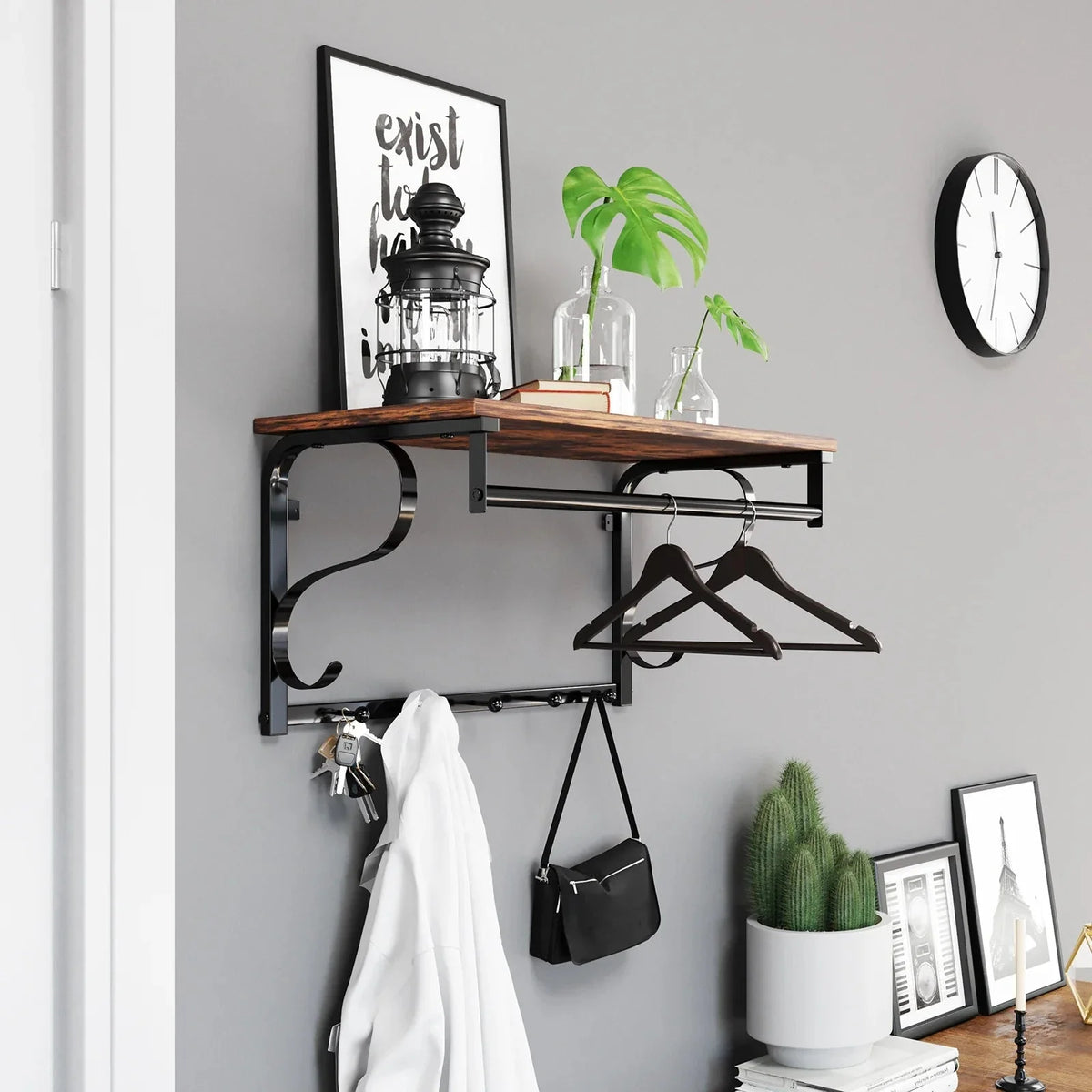 Porte-Manteau Mural Marron Bois Tablette et Tringle, vue 2 sur 4