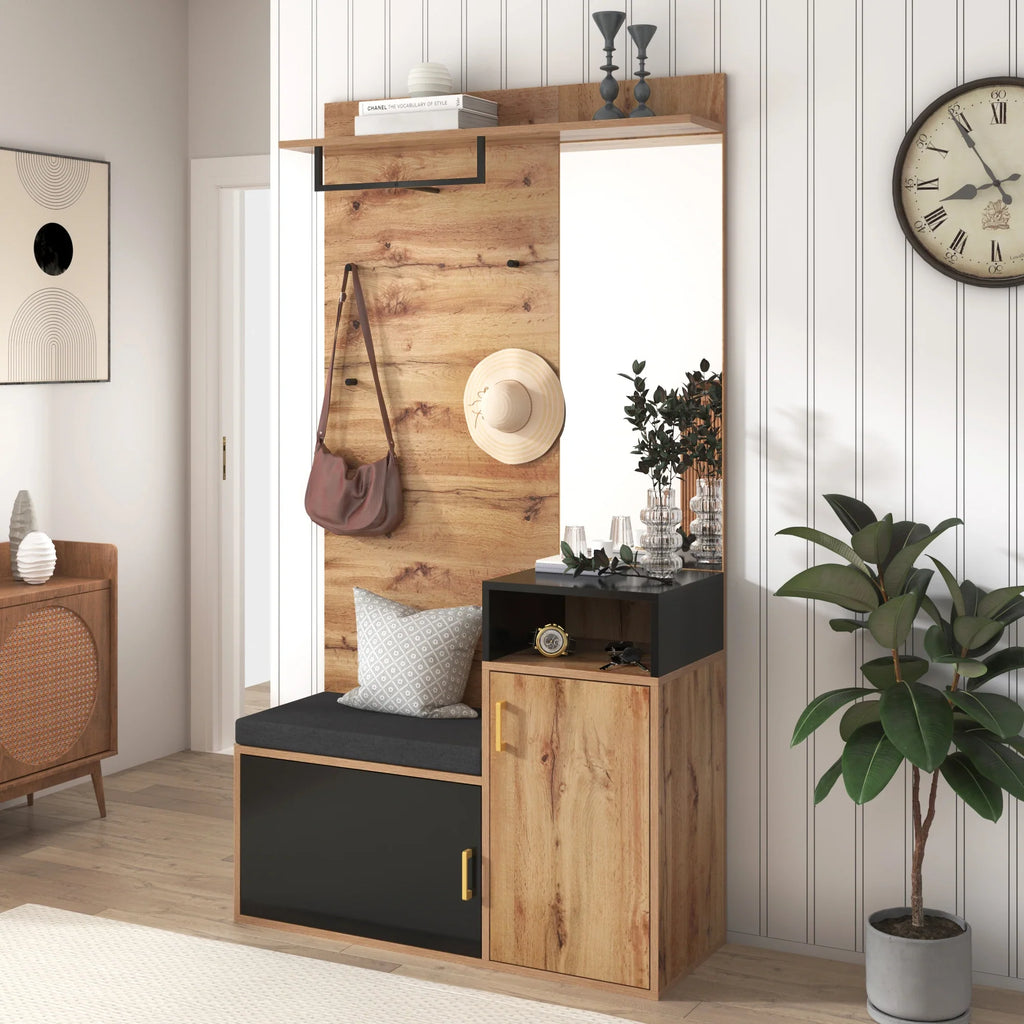 Porte-Manteau Mural Miroir et Rangement Chaussures, vue 3 sur 9