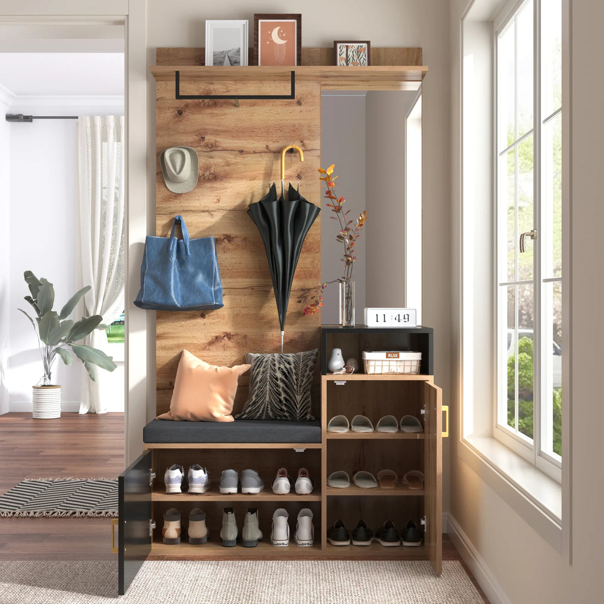 Porte-Manteau Mural Miroir et Rangement Chaussures, vue 5 sur 9