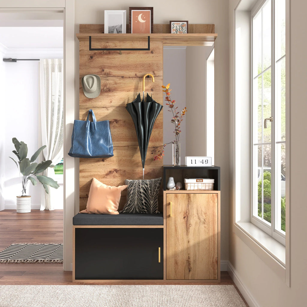 Porte-Manteau Mural Miroir et Rangement Chaussures, vue 6 sur 9
