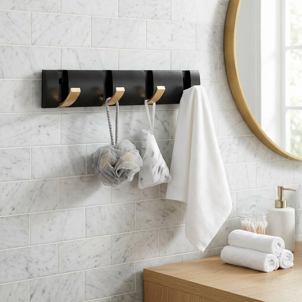 Porte-Manteau Mural Noir Bois Crochets Rabattables, vue 1 sur 4