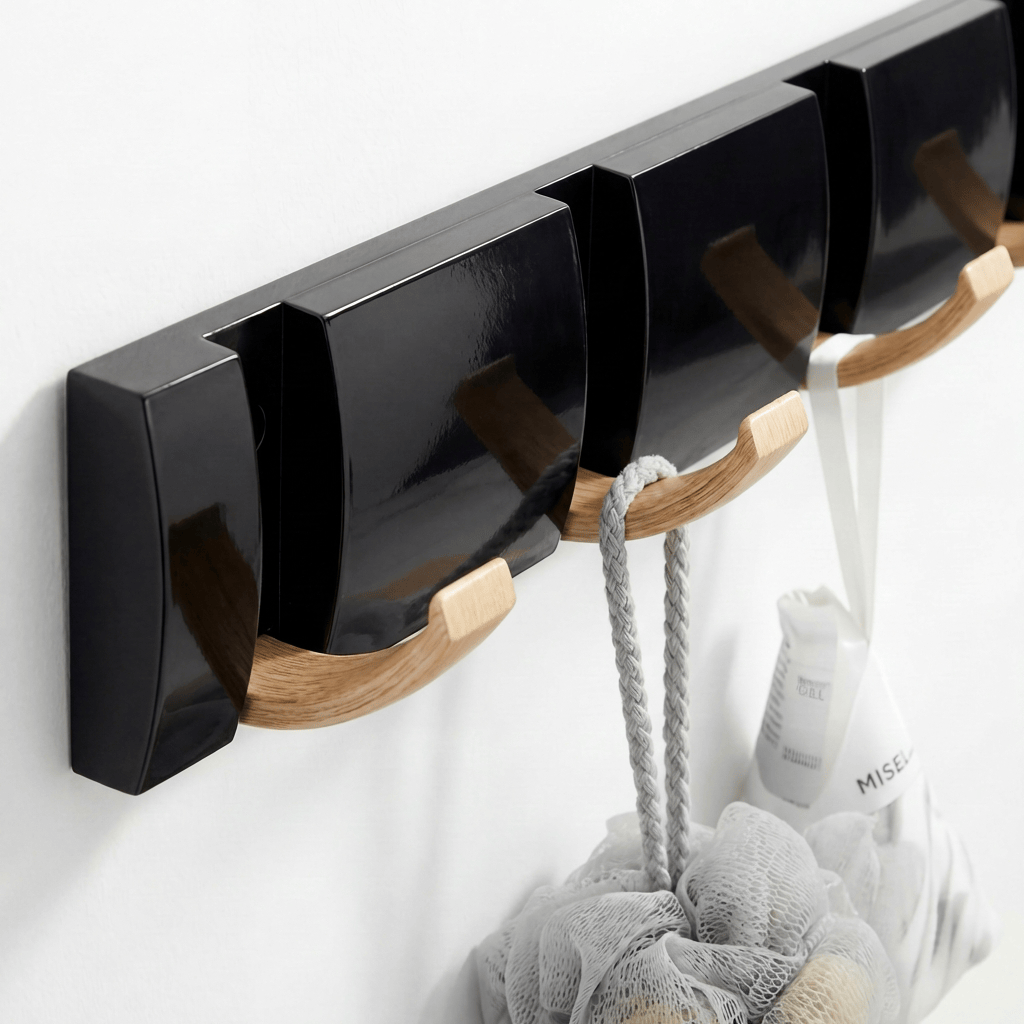 Porte-Manteau Mural Noir Bois Crochets Rabattables, vue 2 sur 4