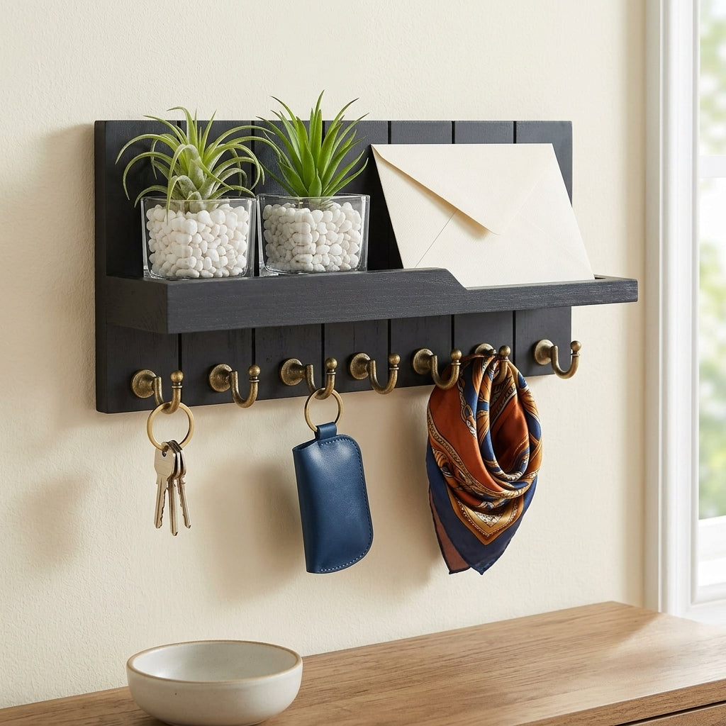 Porte-Manteau Mural Noir Bois Lattes Tablette Crochets, vue 2 sur 4
