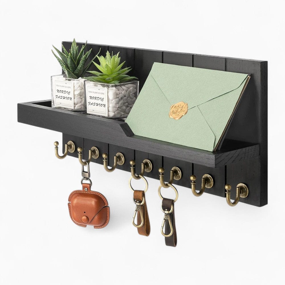 Porte-Manteau Mural Noir Bois Lattes Tablette Crochets, vue 3 sur 4