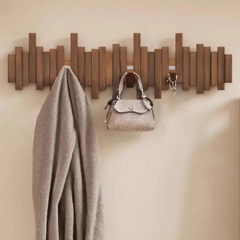 Porte-Manteau Mural Noir Bois Noyer Lattes Rabattables, vue 2 sur 6