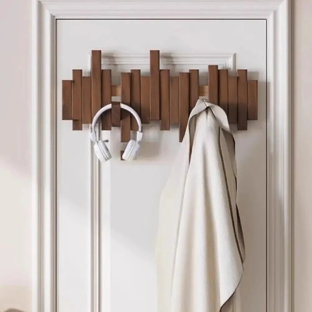 Porte-Manteau Mural Noir Bois Noyer Lattes Rabattables, vue 3 sur 6
