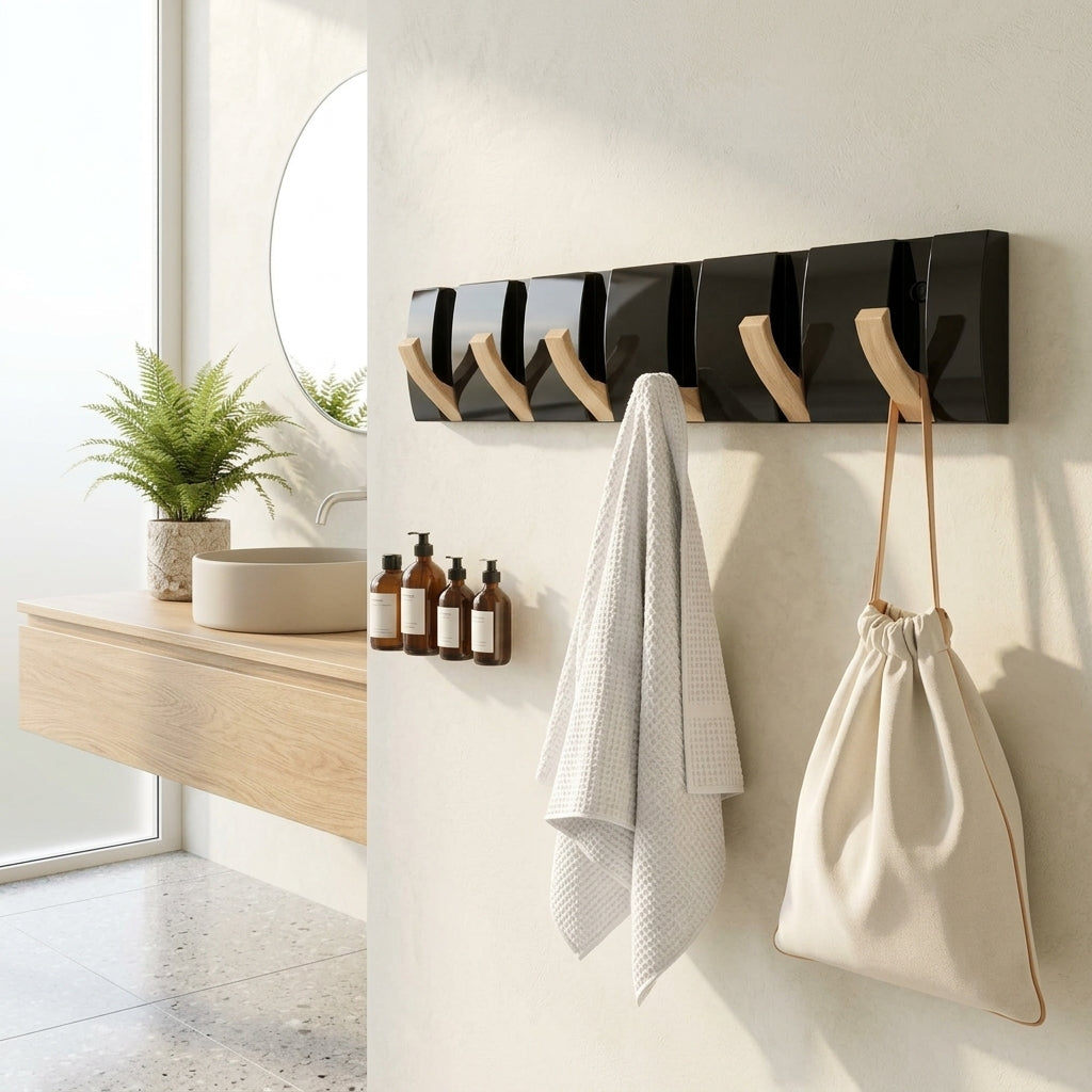 Porte-Manteau Mural Noir Bois Salle de Bain, vue 1 sur 4