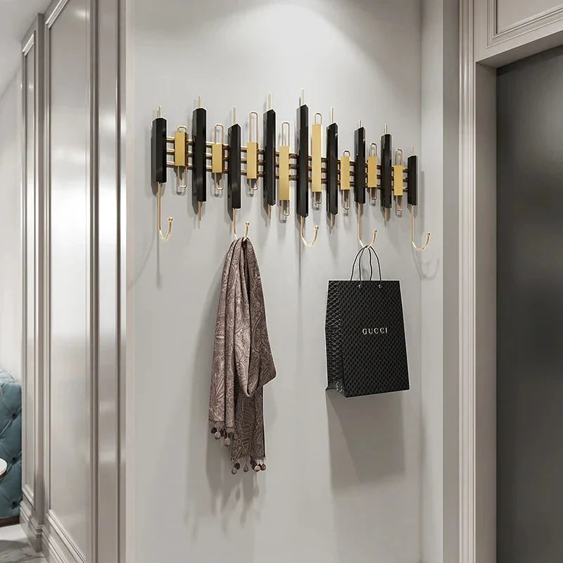 Porte-Manteau Mural Noir Doré Métal Crochets Rabattables, vue 2 sur 4