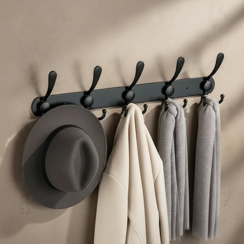 Porte-Manteau Mural Noir Métal Boutons Ronds et Crochets, vue 1 sur 4