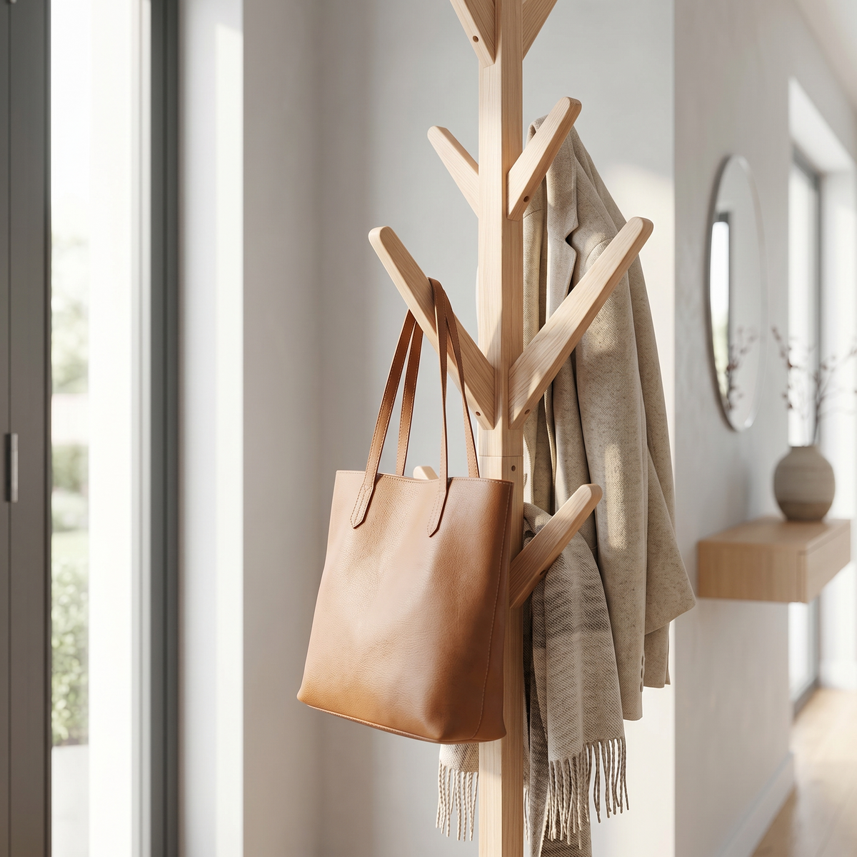 Porte-Manteau sur Pied Beige Bois Arbre Branches Croisées, vue 3 sur 4