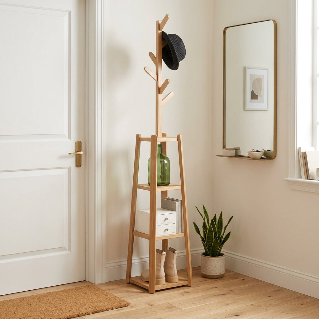 Porte-Manteau sur Pied Beige Bois Étagères, vue 1 sur 5