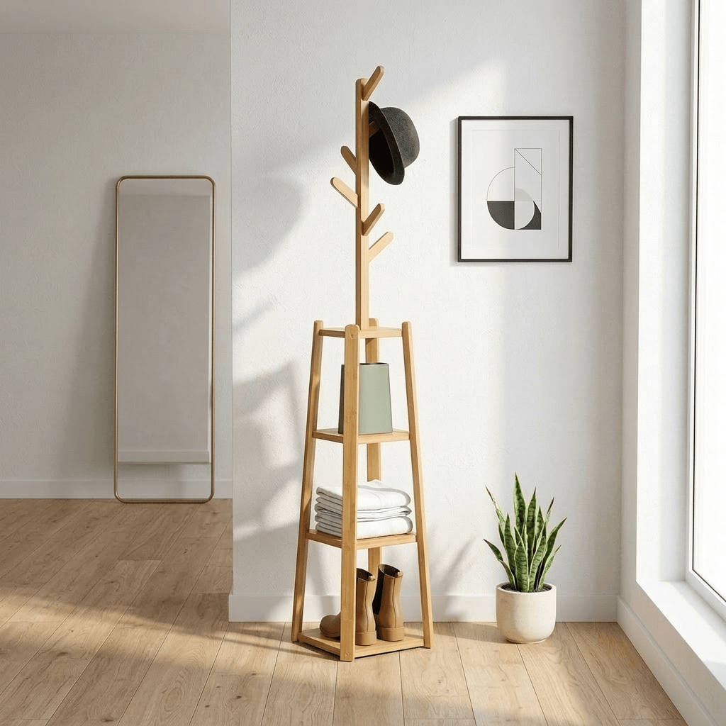 Porte-Manteau sur Pied Beige Bois Étagères, vue 2 sur 5