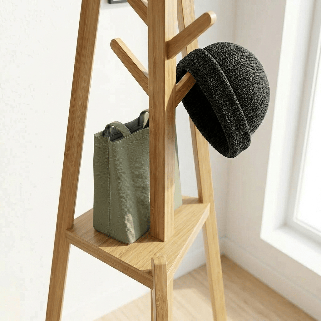 Porte-Manteau sur Pied Beige Bois Étagères, vue 3 sur 5