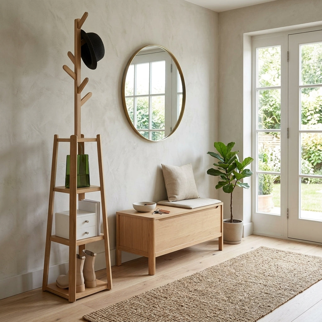Porte-Manteau sur Pied Beige Bois Étagères, vue 4 sur 5