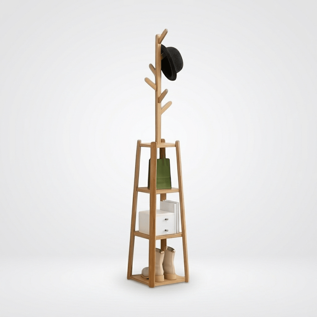 Porte-Manteau sur Pied Beige Bois Étagères, vue 5 sur 5