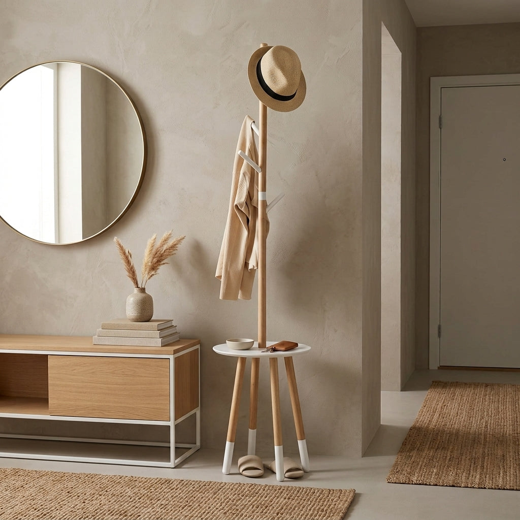 Porte-Manteau sur Pied Beige Bois Trépied Tablette, vue 1 sur 4
