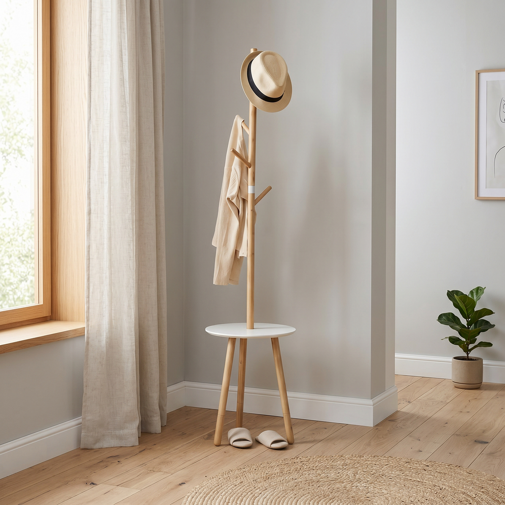Porte-Manteau sur Pied Beige Bois Trépied Tablette, vue 2 sur 4