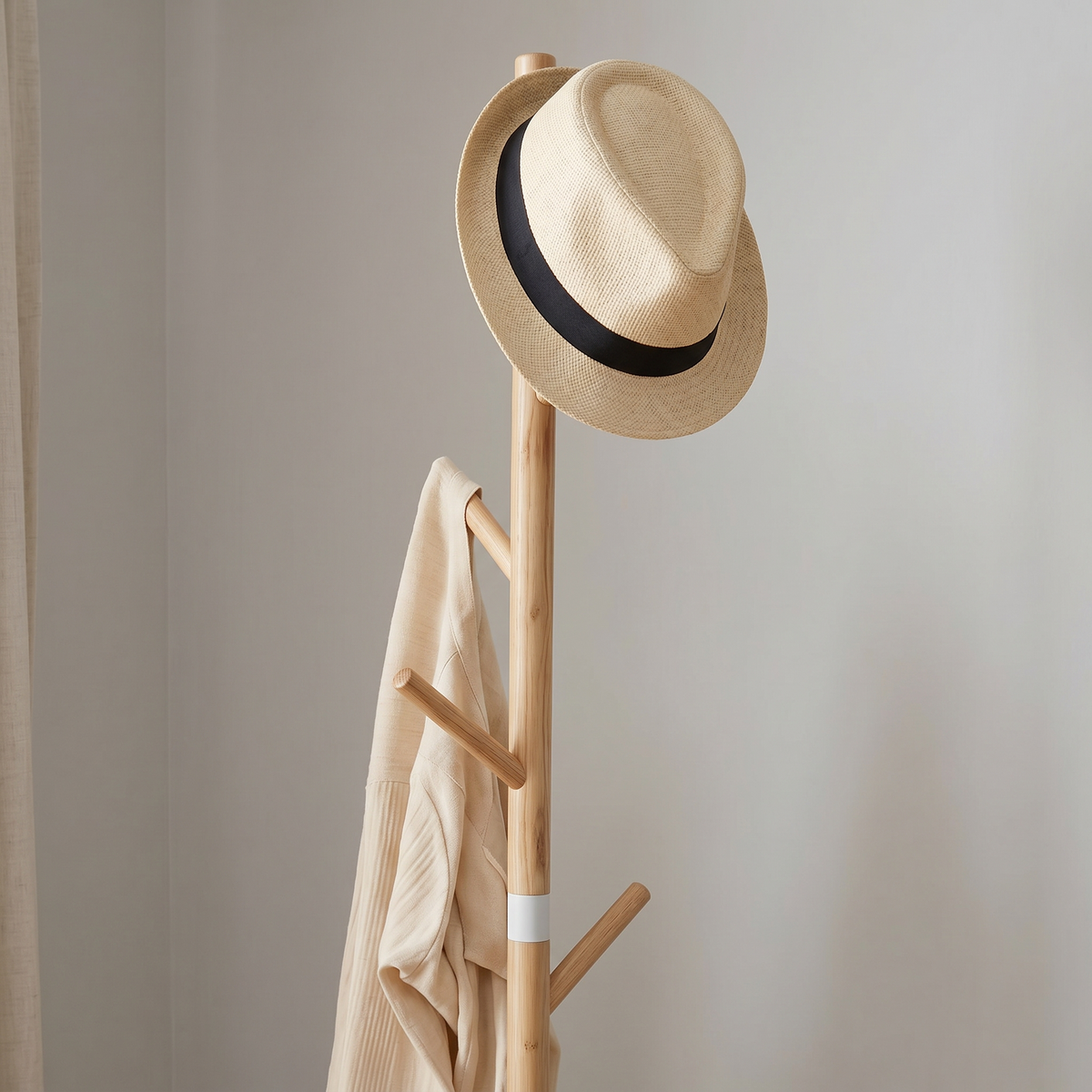 Porte-Manteau sur Pied Beige Bois Trépied Tablette, vue 3 sur 4