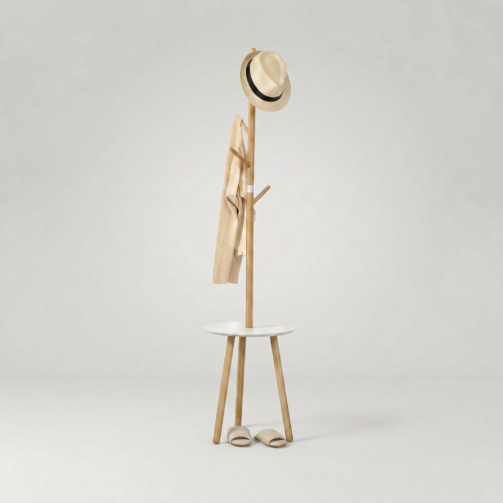 Porte-Manteau sur Pied Beige Bois Trépied Tablette, vue 4 sur 4