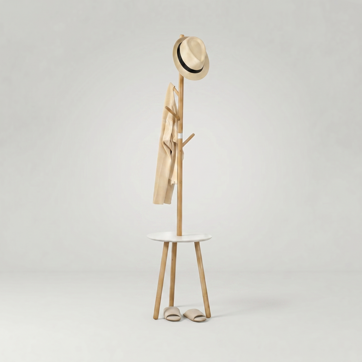 Porte-Manteau sur Pied Beige Bois Trépied Tablette, vue 4 sur 4