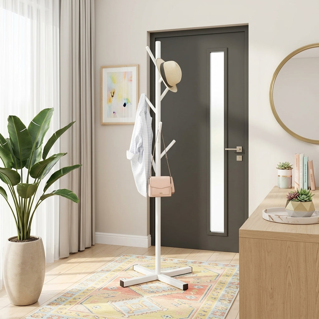 Porte-Manteau sur Pied Blanc Arbre Acier Base Croisée, vue 1 sur 4