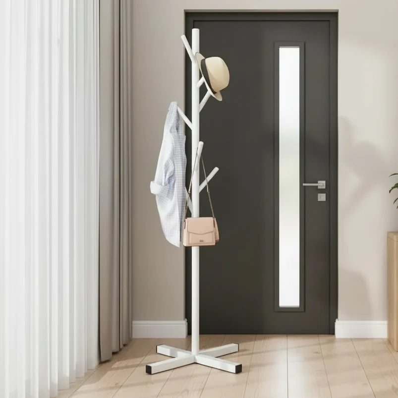 Porte-Manteau sur Pied Blanc Arbre Acier Base Croisée, vue 2 sur 4