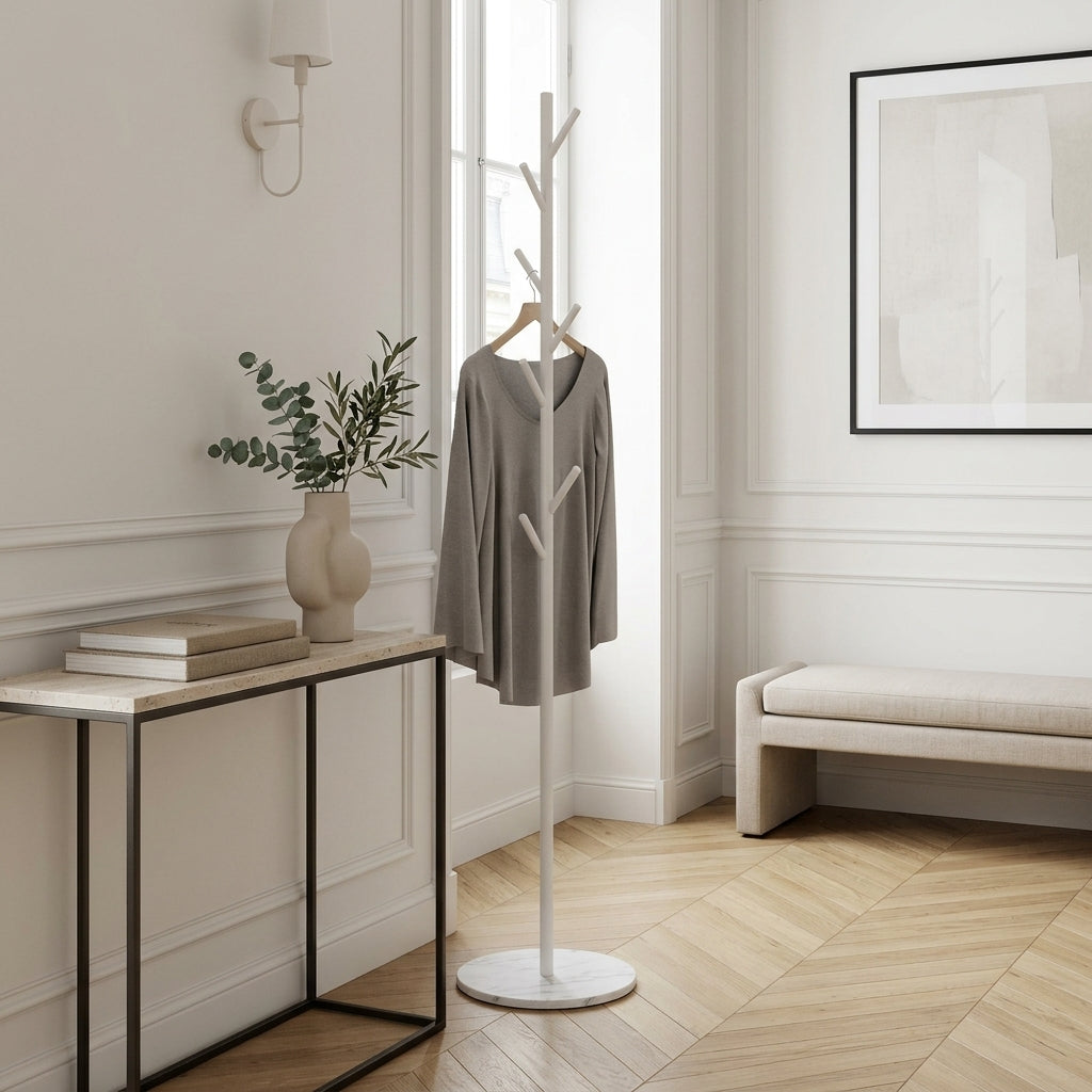 Porte-Manteau sur Pied Blanc Arbre Branches Socle Marbre, vue 1 sur 5