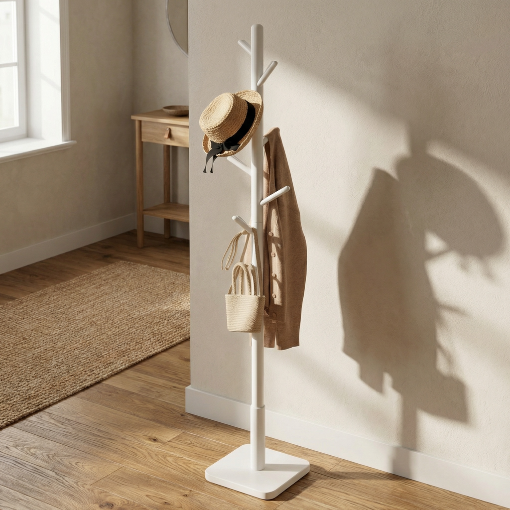 Porte-Manteau sur Pied Blanc Arbre Patères Socle Carré, vue 1 sur 4