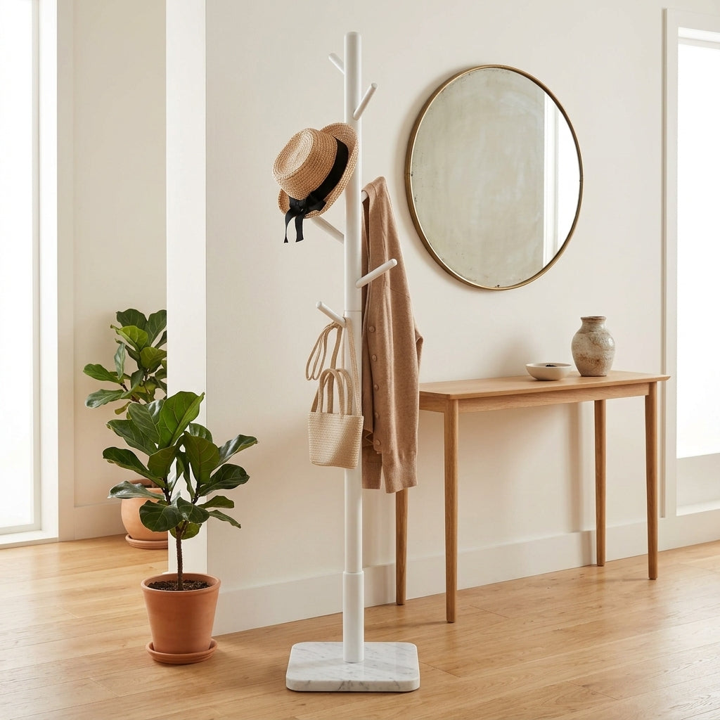 Porte-Manteau sur Pied Blanc Arbre Patères Socle Carré, vue 2 sur 4