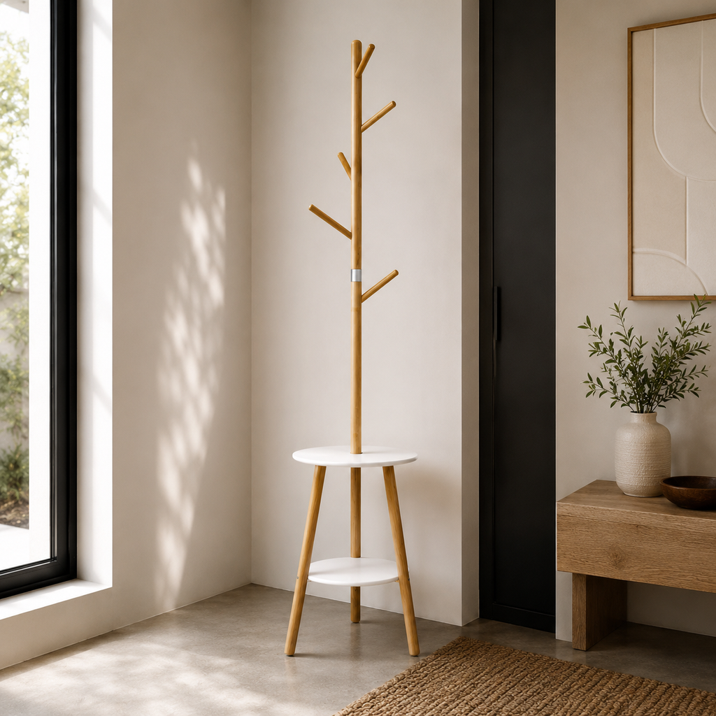Porte-Manteau sur Pied Blanc Bambou Étagère, vue 1 sur 4